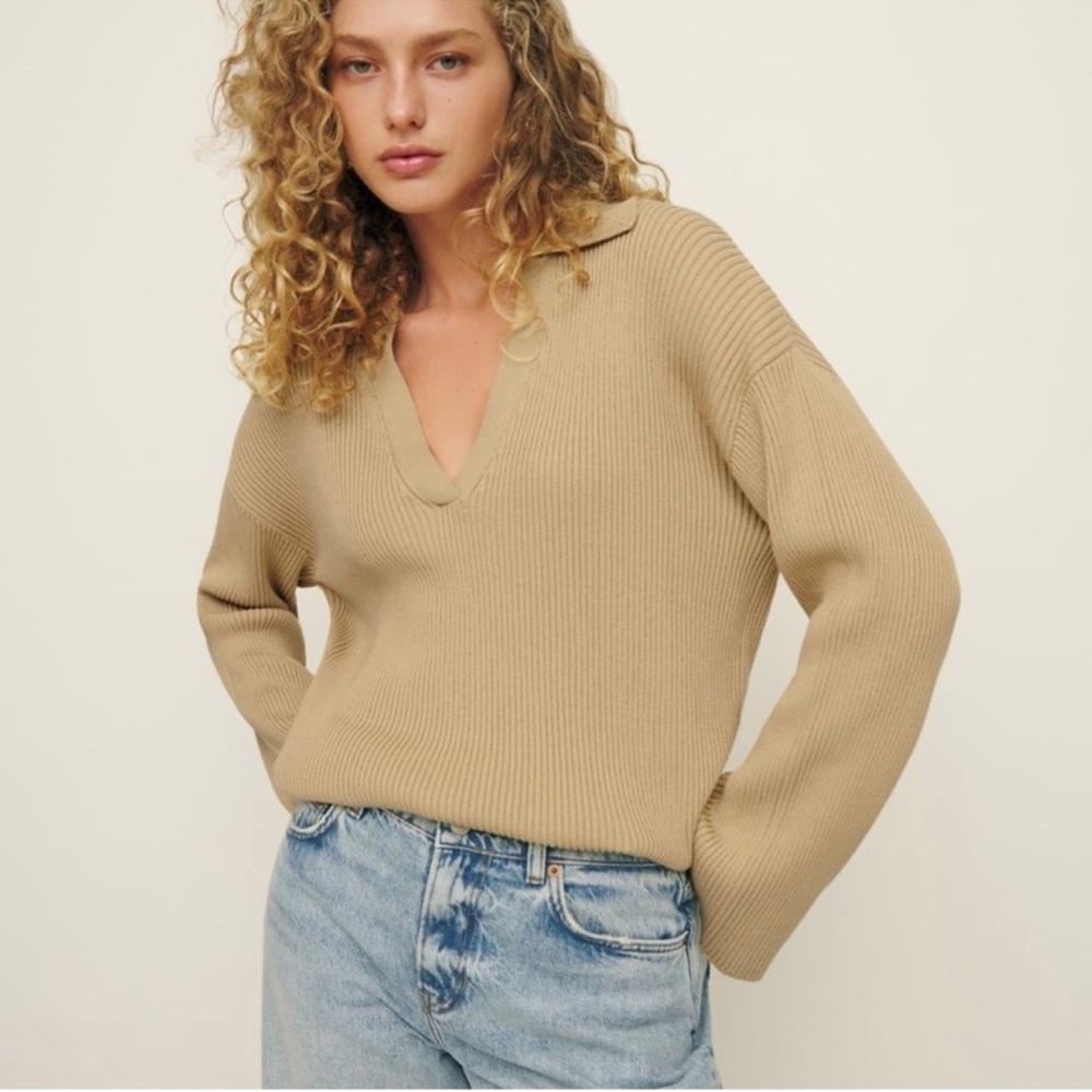 NWOT Reformation Harper Oversized Cotton Polo in Biscuit